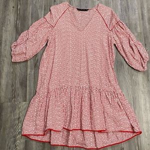 ZARA ECRU RED EMBROIDERED STRIPED DRESS
